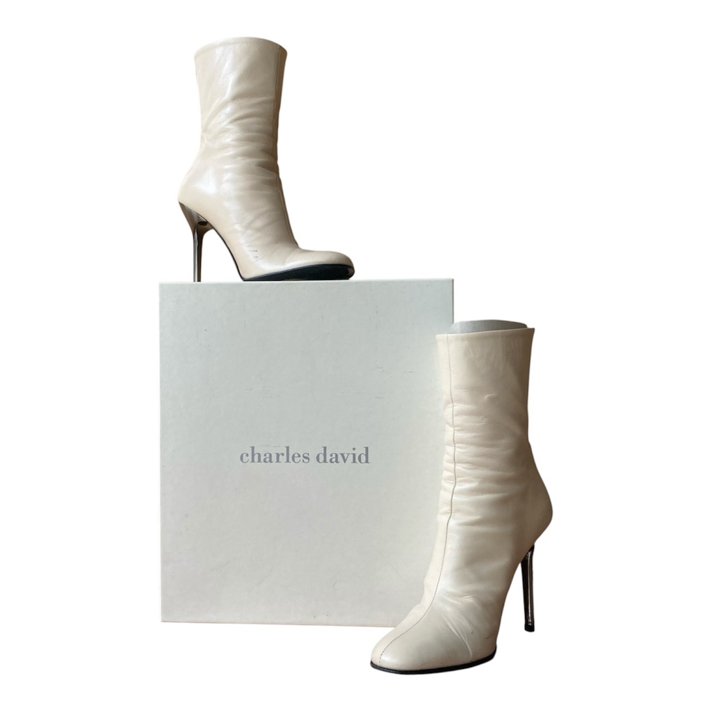 Charles David | Leather Beige Mid-Calf Boots Stiletto Heel Size 37 Italy